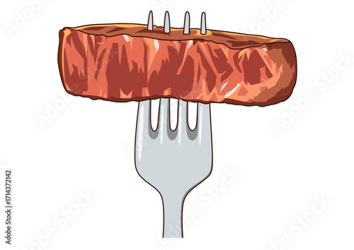 Tender steak held by a fork showcasing delectable marbling and grilled perfection ready to eat. Food concept
