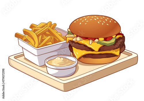 Juicy cheeseburger stacked with fresh toppings served alongside crispy fries and dip on a wooden tray. Food concept
