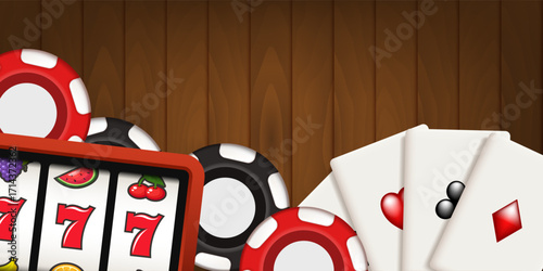 Slot machine with playing chips and cards. Casino frame. Vector 3d clipart isolated on wooden background.