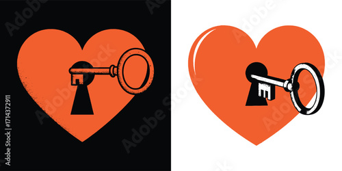 Heart and keyhole illustration with vintage key symbolizing love romance security and relationships in bold graphic style for t shirt design