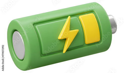 3D Green Battery with Lightning Bolt – Full Charge Energy Concept isolated on transparent background PNG
