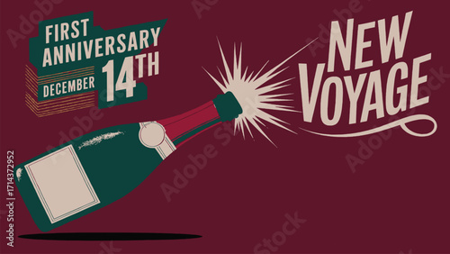 First anniversary celebration December 14 with champagne bottle pop and bold retro typography for party event and festive invitation design