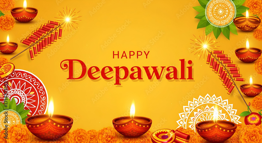 Naklejka premium Happy Deepawali: Festive Golden Background with Diyas and Fireworks