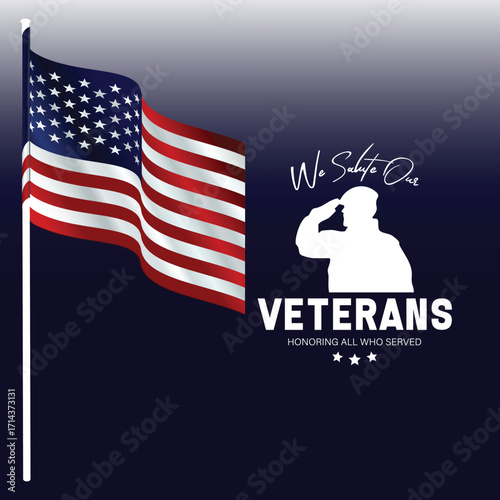 American flag waving proudly honoring our veterans with silhouette saluting