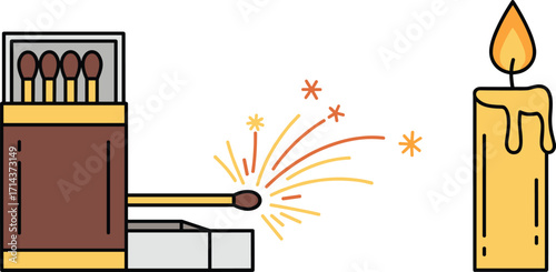 Vector icon of matchbox, sparks, and lit candle combination