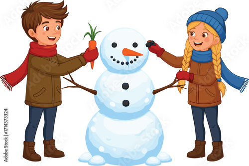 Winter children building snowman, happy kids outdoor play, holiday fun, snow activity, family bonding, seasonal joy, childhood memories, festive scene