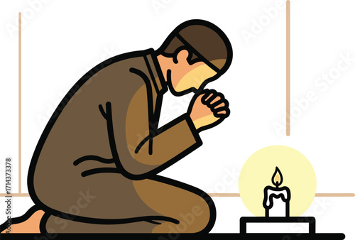 Man praying by candlelight vector illustration