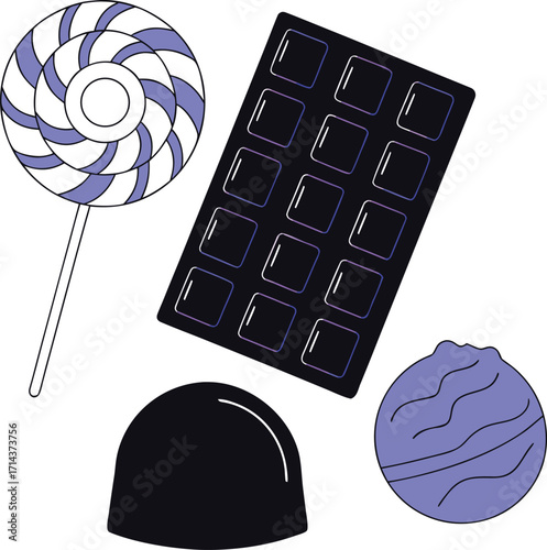 Swirl Lollipop Chocolate Bar Truffle and Candy on Black Background Keywords: candy, lollipop
