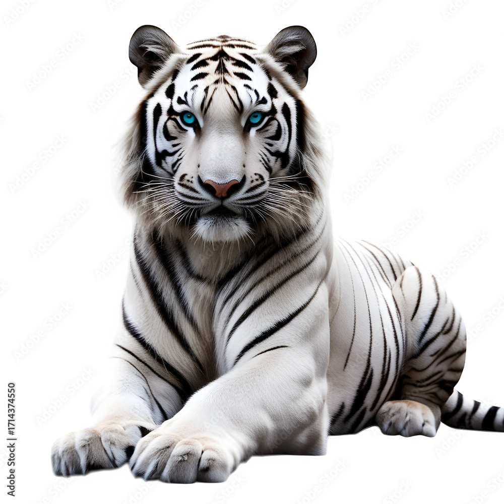 Obraz premium Majestic white tiger lying down isolated on transparent background