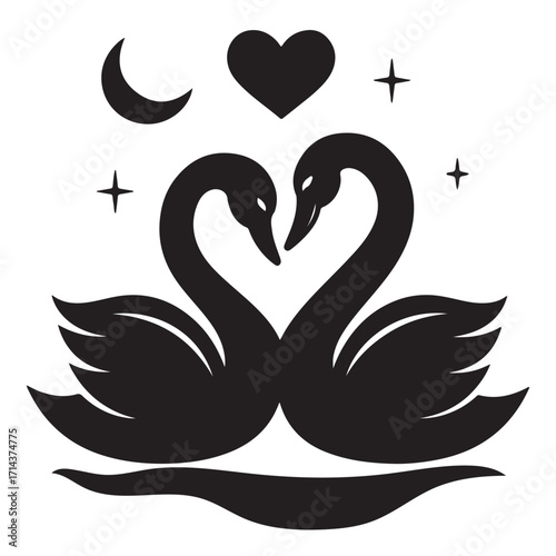 Romantic Swan Silhouette  Heart-Shaped Neck Pose with Moon and Stars