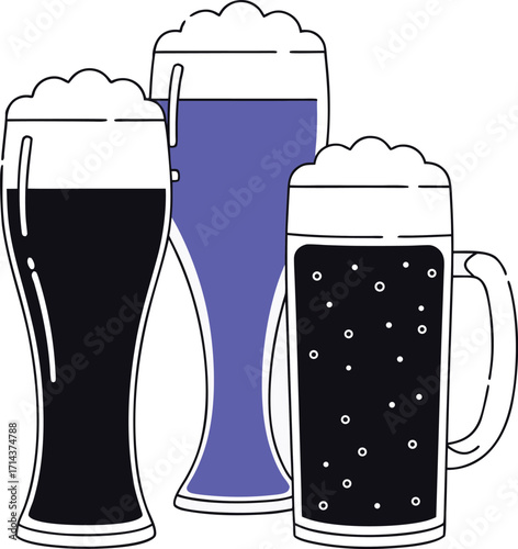Three Glasses Of Dark Beer With Foam Illustration Keywords: beer, glasses, drinks, beverages