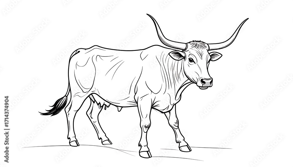 Obraz premium Black and white line drawing of a longhorn cattle