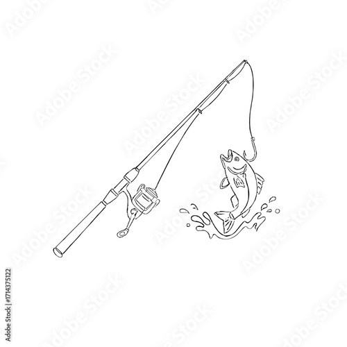 Fishing rod with caught fish in minimalist sketch style  