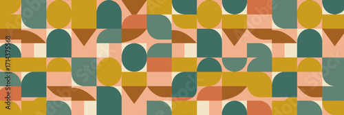 Mid century modern seamless pattern with teal circle mustard square and rust triangle