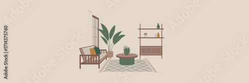 Minimalist cozy room with modern furniture and plants vector illustration