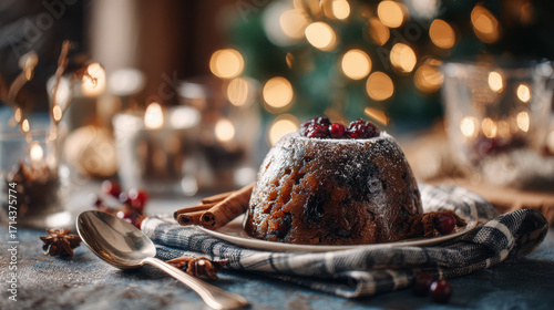 Christmas pudding on festive table with holiday lights. 