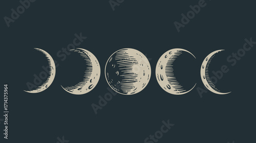 Celestial moon phases vector with dark sky and grainy texture