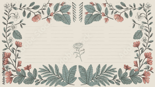 Journal page layout vector with hand drawn botanical margins