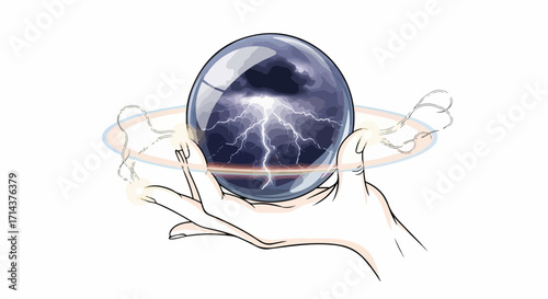 A hand holding a crystal ball with lightning inside, isolated on white background, creating a mystical and powerful image of divination