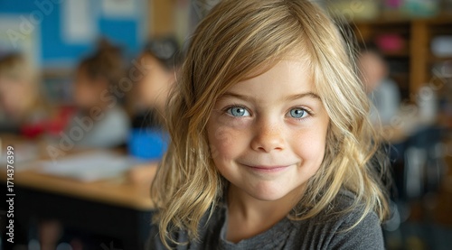 A portrait of an adorable little girl smiling at the camera, sitting in her classroom with other children behind her. She has blonde hair and blue eyes, wearing casual .