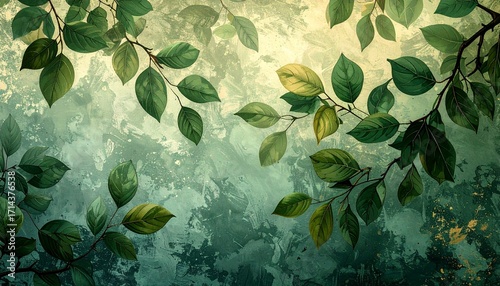 Tree leaves on a grunge texture background, wallpaper for interiors. Vintage green wallpaper for classical design interior design or oriental design