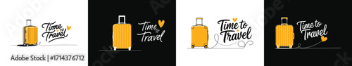 Time to travel suitcase illustration with modern calligraphy typography for adventure vacation journey lifestyle poster and t shirt design