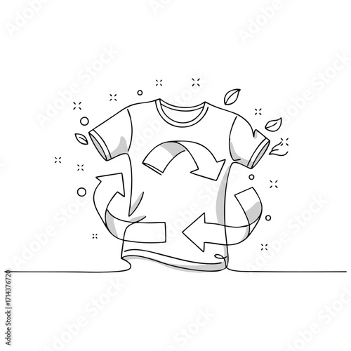 Line art illustration of a T-shirt with a recycling symbol, emphasizing sustainable and eco-friendly clothing. The minimalist design and leaves add a natural and environmentally conscious feel.
