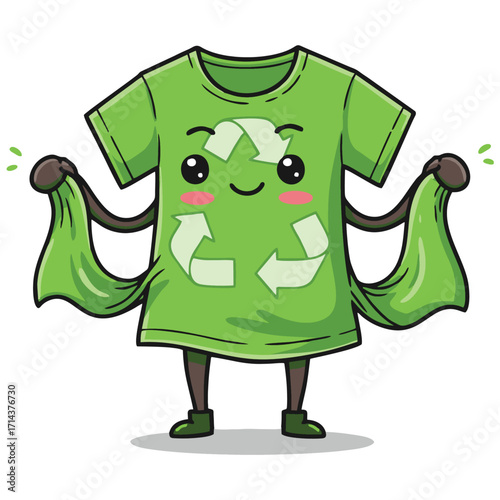 Charming illustration of a green cartoon T-shirt mascot with a friendly face and recycling symbol, standing upright with fabric draped like arms. This playful character is perfect for promoting