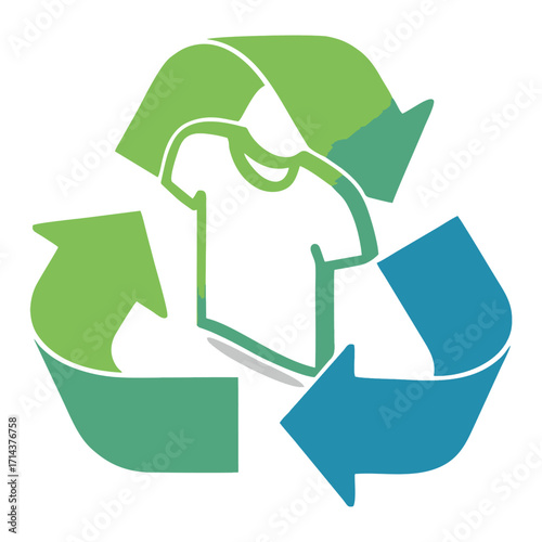 An eco-friendly T-shirt icon within a recycling symbol promotes sustainable fashion practices. This image highlights the growing movement of clothes recycling to reduce textile waste and environmental
