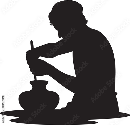  Black silhouette of a potter shaping clay on a white background, vector art