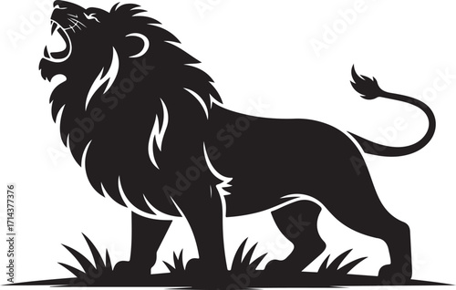 black silhouette of a roaring lion on white background, vector