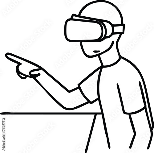 Person wearing vr headset interacting with virtual reality experience pointing forward vector