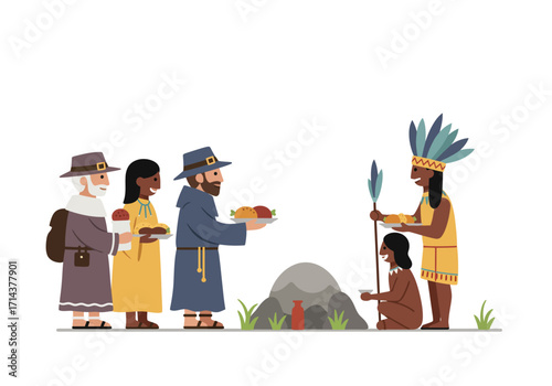 People in historical clothing sharing food near a rock formation