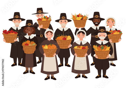 Pilgrims with baskets of produce
