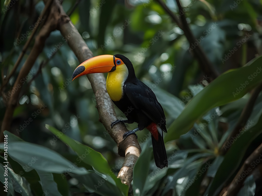 Fototapeta premium Colorful Toucan Perched on a Branch: Vivid toucan with its oversized bill, perched on a branch amidst lush tropical foliage, a captivating study in avian beauty, showcasing nature's artistic detail.