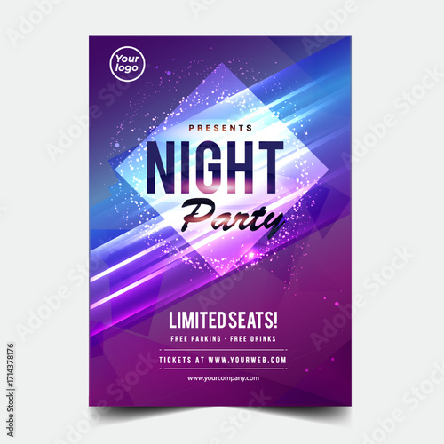 Night dance party music night poster template. Electro style concert disco club party event flyer invitation