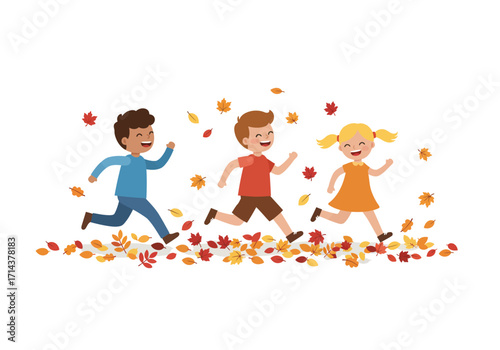 Three children run joyfully through fallen autumn leaves