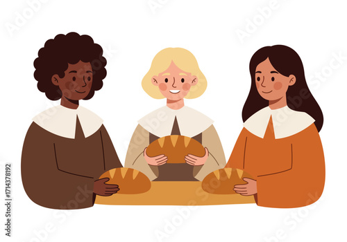 Three people in historical clothing holding loaves of bread