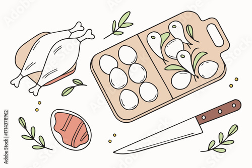 Fresh Chicken Meat and Eggs – Minimal Flat Vector Illustration for Healthy Cooking