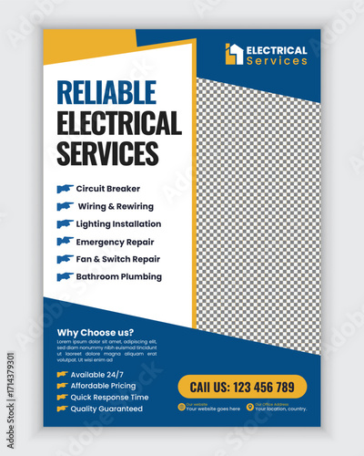 Electrical and Electrician Services Flyer and Poster Design Template for Wiring Repair Lighting Installation Power Maintenance and Residential Home Improvement Advertisement