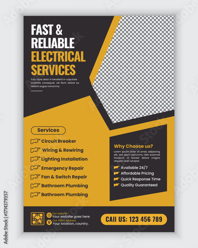 Electrical and Electrician Services Flyer and Poster Design Template for Wiring Repair Lighting Installation Power Maintenance and Residential Home Improvement Advertisement