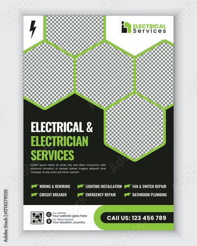 Electrical and Electrician Services Flyer and Poster Design Template for Wiring Repair Lighting Installation Power Maintenance and Residential Home Improvement Advertisement