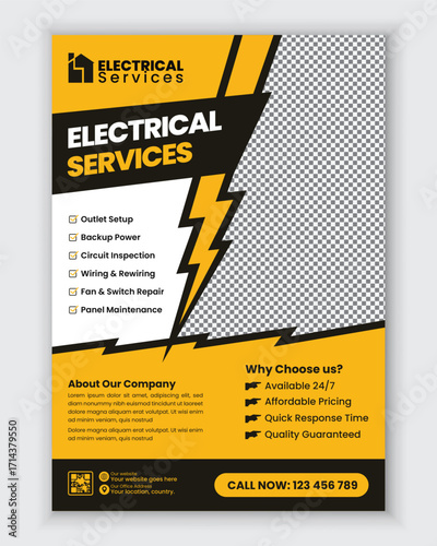 Electrical and Electrician Services Flyer and Poster Design Template for Wiring Repair Lighting Installation Power Maintenance and Residential Home Improvement Advertisement