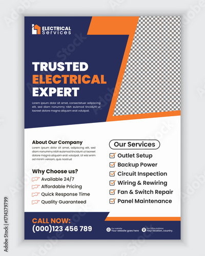 Electrical and Electrician Services Flyer and Poster Design Template for Wiring Repair Lighting Installation Power Maintenance and Residential Home Improvement Advertisement