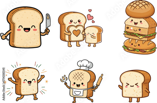 Cute bread cartoon characters illustration, kawaii toast design, funny sandwich art, happy bakery drawing, adorable food characters, playful bread clipart, cheerful breakfast illustration
