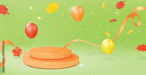 Autumn Display Podium on green background. 3d ribbon , autumnal leaves and red. orange, yellow balloons. Empty pedestal product display