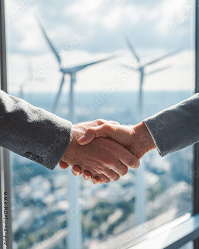 Two individuals shake hands in front of wind turbines, symbolizing collaboration and commitment to sustainable energy solutions.
