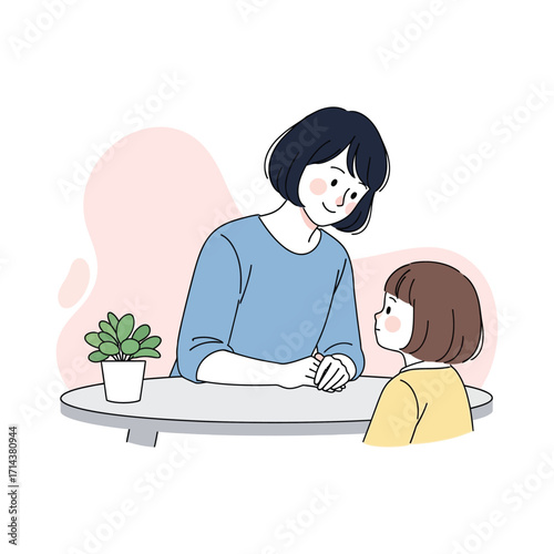 A mother and her young daughter are talking.