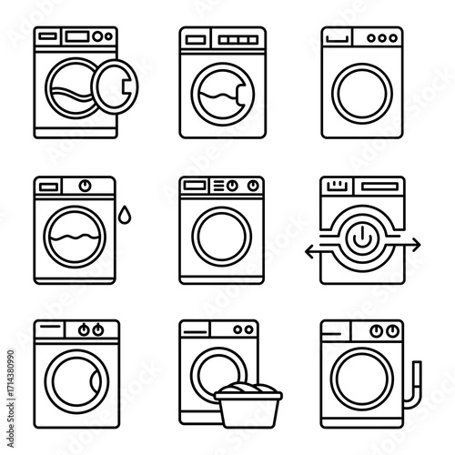 Nine different washing machine icons, showcasing various designs and operational stages. This graphic emphasizes the diversity of laundry machines and their functions
