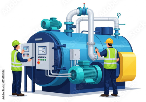 Industrial Workers Maintaining Steam Boiler with Control Panel